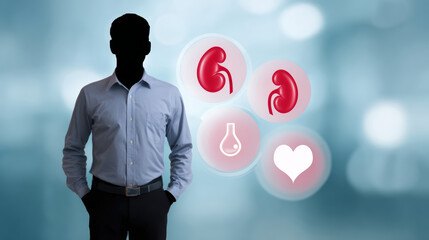 Silhouette of man stands near medical icon of human organ for kidney disease awareness. concept about urinary system bladder and heart for health diagnosis