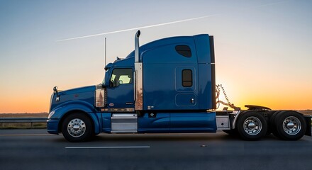 Fototapeta premium A blue semi-truck parked on a highway during sunset. 