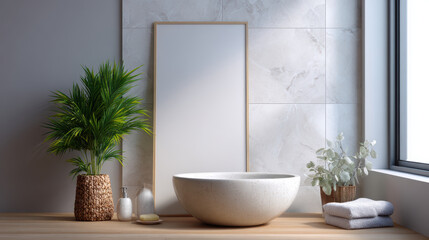 Calm digital print mockup on bright bathroom wall. blank minimalist frame provides serene template for an interior design display with natural light and spa feeling
