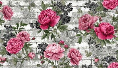 A vibrant floral design featuring lush pink peonies and greenery, gracefully arranged against a backdrop of weathered white brick.