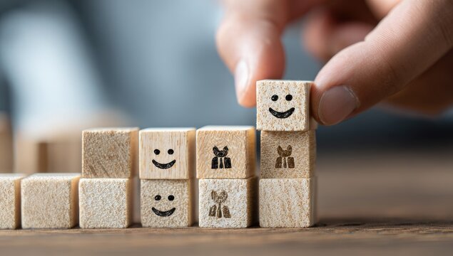 A hand places a small wooden block with a happy face graphic on top of a growing stack of similar blocks.  Other blocks show various simple symbols