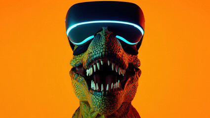 Dinosaur wearing a virtual reality headset against a vibrant orange background