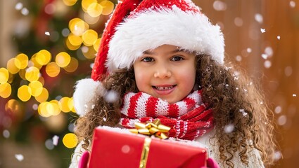 Happy little girl in santa hat holds christmas gift in falling snow with festive lights