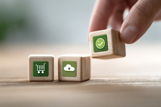 Hand placing a wooden block with a checkmark icon on top of two other blocks with shopping cart and cloud icons