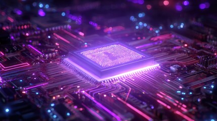 Obraz premium Futuristic computer processor glowing with neon lights technology background