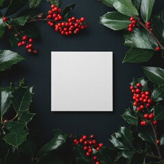 Blank square notecard framed by holly sprigs and berries on dark background