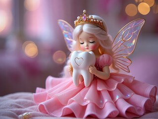 A charming tooth fairy doll with golden crown and iridescent wings holds a magical tooth