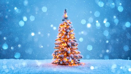 Glowing Christmas tree in a snowy winter wonderland with blue bokeh