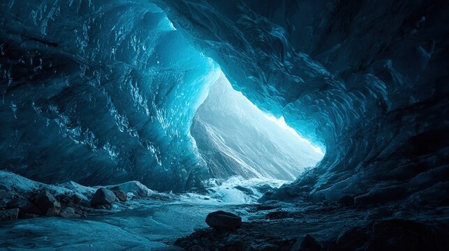 A luminescent ice cave glows with ethereal blue light, revealing an opening to a sunlit exterior