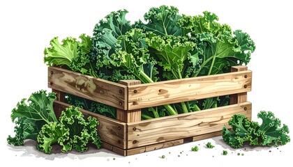 Fresh Harvest of Kale Vegetables in a Wooden Crate on White Background