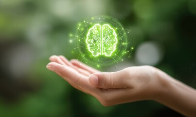 A hand holds a glowing green brain graphic