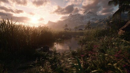 Fototapeta premium Sunset Over A Mountainous River Valley