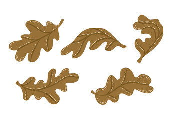 Vector Graphic Illustration of Brown Dried Oak Leaves Set isolated on white, fall seasonal concept.