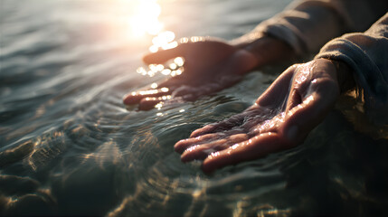 A closeup shot of a person wearing a biblical robe AND touching the water