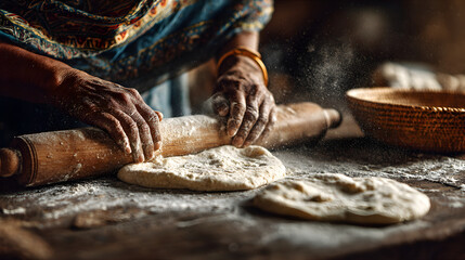 Woman's hands rolling dough with rolling pin on flour-dusted surface, flour dust particles frozen in air. Traditional cooking, baking, home chef concept.