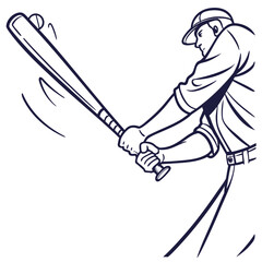 A dynamic line art illustration of a baseball player in mid swing about to hit a ball with a wooden bat capturing the intensity of the game