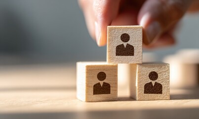 A hand places a wooden block, depicting a person, on top of a stack of similar blocks