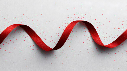 Red ribbon on textured white background. Celebratory design element for gift card, Christmas, Valentine's Day, party invitation, or sale advertisement.