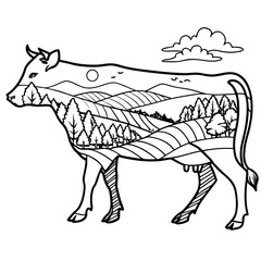 A stylized black and white line drawing of a cow silhouette filled with a pastoral landscape of rolling hills trees and a sun under a cloudy sky