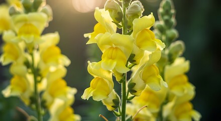 Close up of vibrant yellow snapdragon flowers in bright sunlight