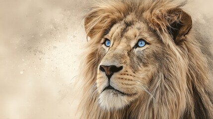 Majestic Lion with Striking Blue Eyes A Digital Painting