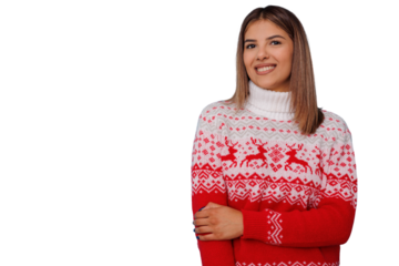 Young woman smiling, wearing festive christmas reindeer sweater for winter holidays, transparent background