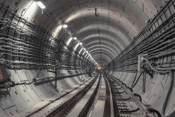 Railway underground metro tunnel which install running and conductor rail
