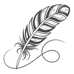 Elegant dark gray quill pen with decorative swirls and flourishes on a clean white background symbolizing writing and creativity