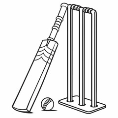 Simple line art illustration of a cricket bat leaning against wickets with a cricket ball resting on the ground beside them symbolizing the sport of cricket