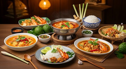 Delicious thai food spread with seafood and various dishes on a wooden table