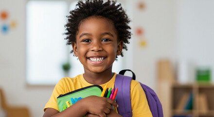 A cheerful young scholar's portrait, radiating happiness and ready for a new day of learning and creativity
