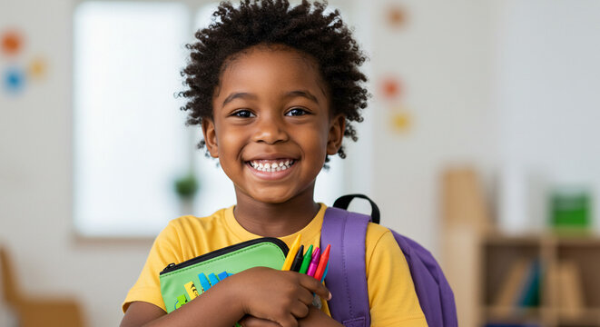 A cheerful young scholar's portrait, radiating happiness and ready for a new day of learning and creativity - Powered by Adobe