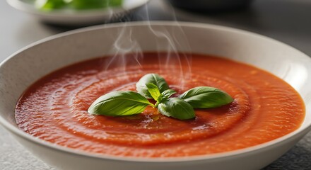 Delicious tomato soup garnished with fresh basil in white bowl