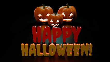 Glowing jack o lantern pumpkins with Happy Halloween yellow text