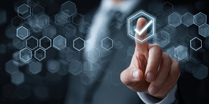 A hand touches a digital check mark overlaying a grid of hexagons