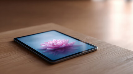 Tablet on wooden table displays flower promoting digital wellness. concept for mental health and self care using technology for relaxation and mindfulness at home