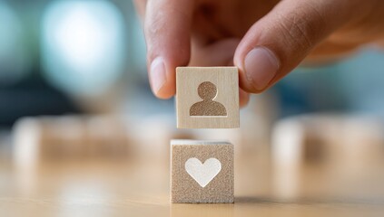 A hand places a small wooden block featuring a person icon on top of another block with a heart icon