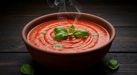 Delicious tomato soup in a bowl garnished with basil on dark wooden table