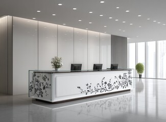 A modern office reception desk, elegantly designed with a floral pattern, stands in a spacious, minimalist interior.