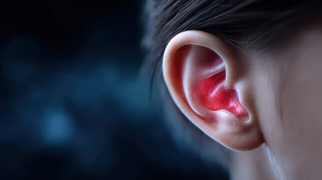 Digital medical education graphic of an ear showing painful otitis infection. symptom checklist helps identify suffering from this painful inflammation