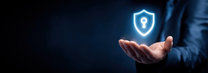 A hand holds a glowing shield with a keyhole, symbolizing security