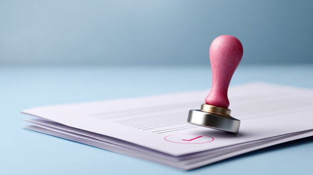 Satisfying confirmation for business project using pink stamp to approve final checklist on document. An official seal marks accepted paperwork and agreement