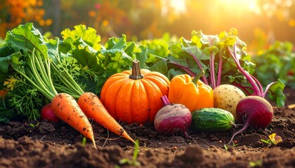 Freshly Harvested Garden Vegetables Displayed on Earthy Ground with Sunlight