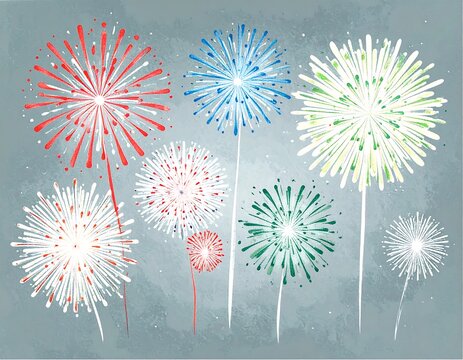 Colorful fireworks burst against a textured background