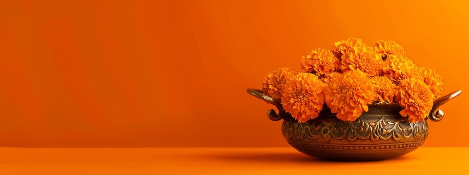 Traditional Indian marigold arrangement in a brass pot vase. Indian religious holidays. Hindu New Year, Gudi Padwa, Ugadi. 