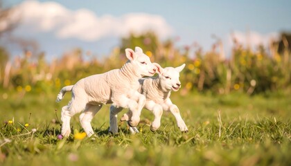 Two playful lambs frolic in a grassy field on a sunny day