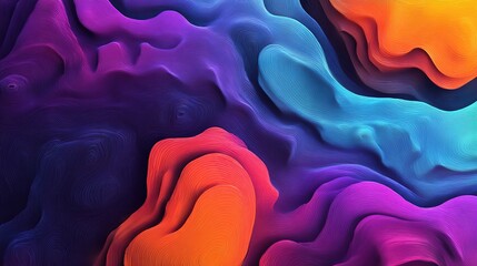 Abstract digital art showing layered, swirling forms in a gradient of vibrant purples, blues, oranges