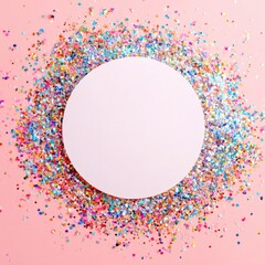 Blank white circle framed by colorful confetti on a pink background