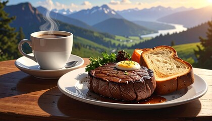 Scenic Breakfast: Steak, Egg, Toast, Coffee with Mountain View and Nature's Beauty