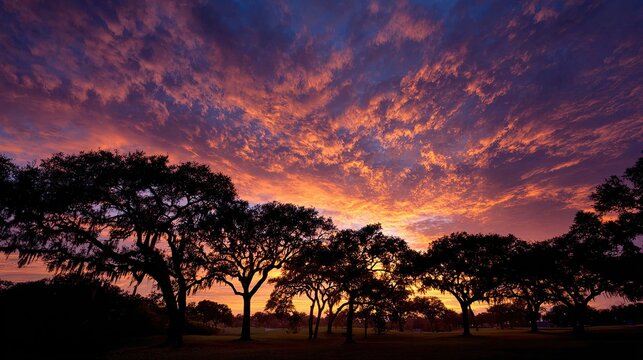 Dramatic sunset showcases silhouetted trees against a fiery sky, clouds ablaze with vibrant hues
